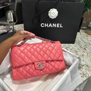 Classic Double Flap Medium Quilted Leather Shoulder Bag Salmon Pink